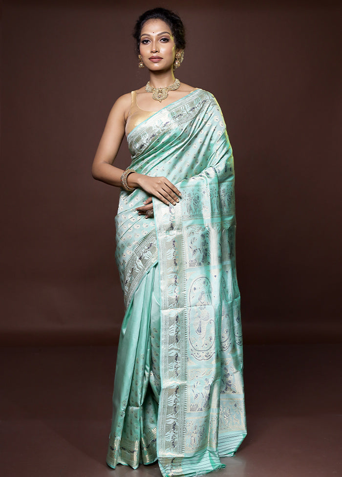 Green Handloom Baluchari Pure Silk Saree With Blouse Piece