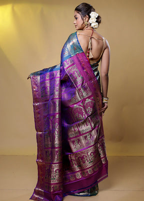 Blue Handloom Baluchari Pure Silk Saree With Blouse Piece