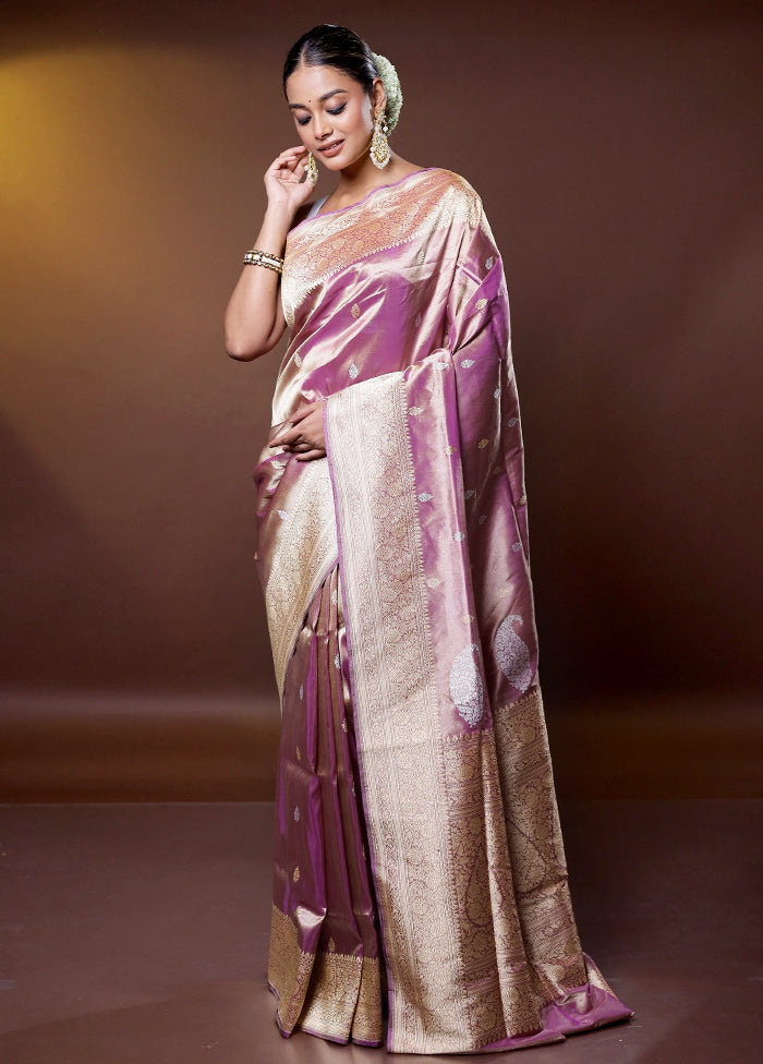 Purple Handloom Tissue Pure Silk Saree With Blouse Piece