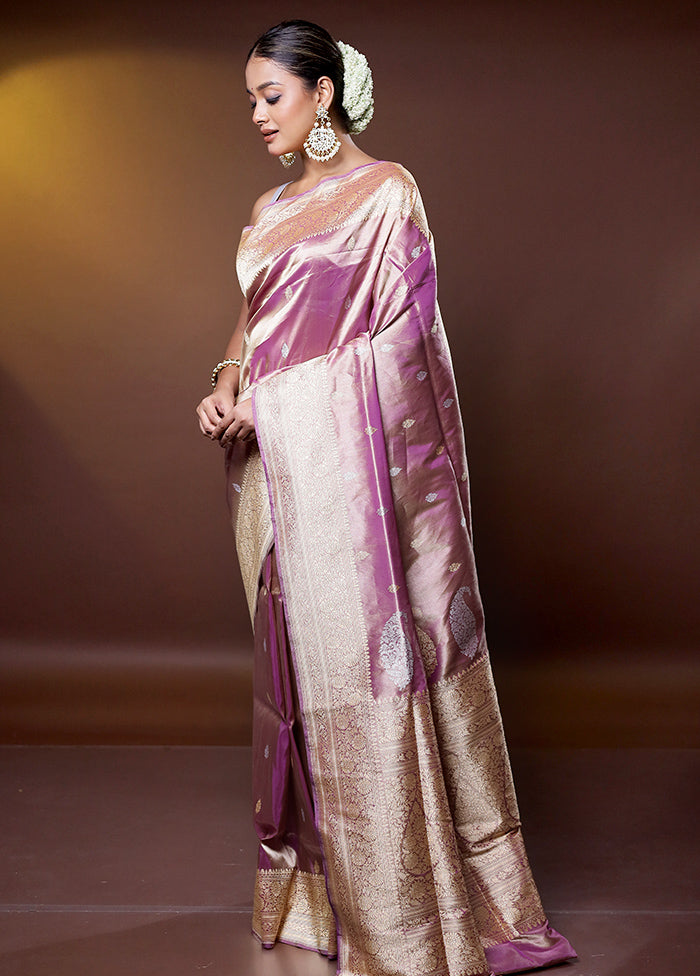 Purple Handloom Tissue Pure Silk Saree With Blouse Piece