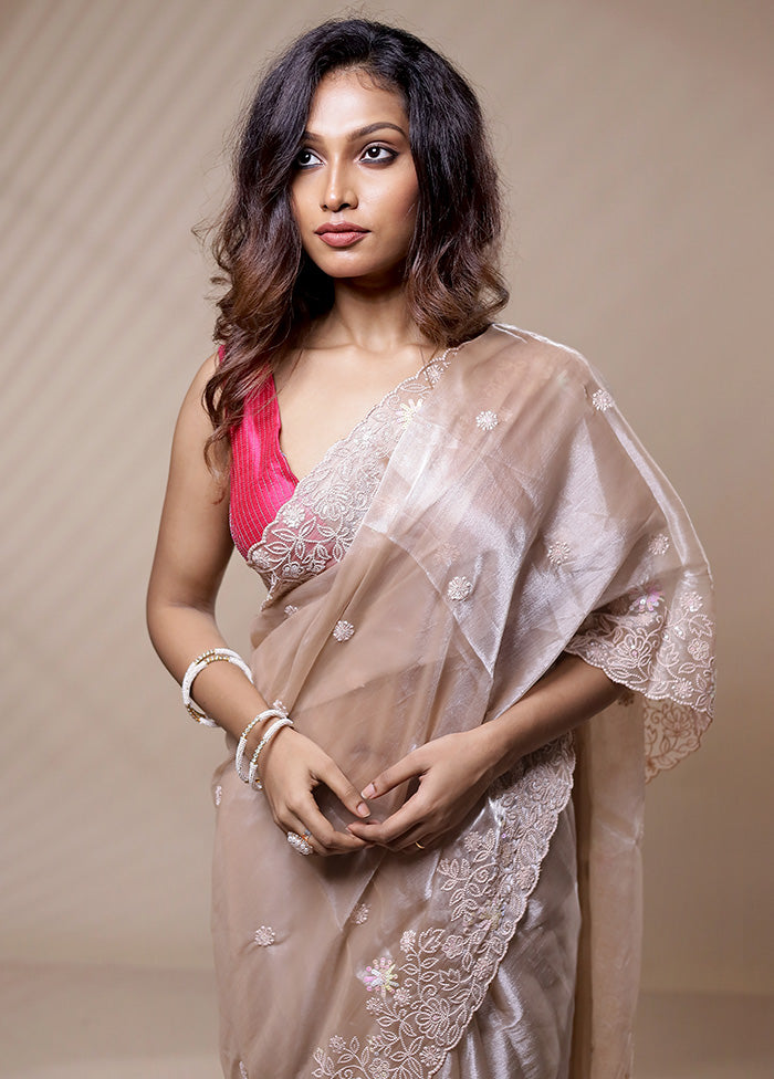 Cream Organza Saree Without Blouse Piece - Indian Silk House Agencies