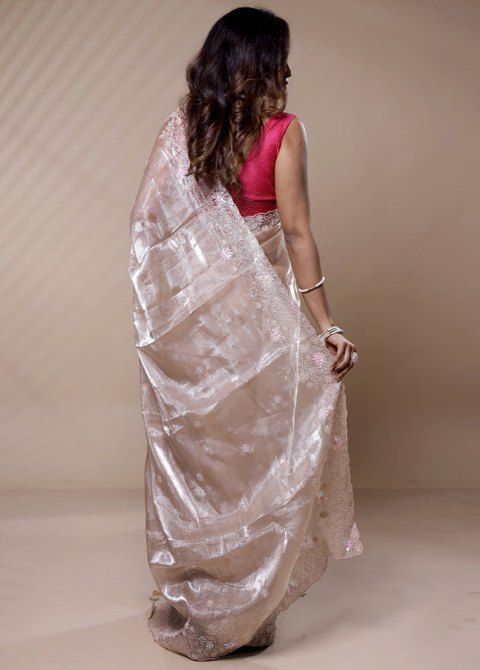 Cream Organza Saree Without Blouse Piece - Indian Silk House Agencies