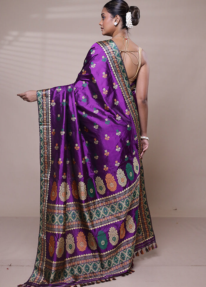 Purple Handloom Assam Pure Silk Saree With Blouse Piece