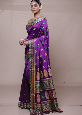 Purple Handloom Assam Pure Silk Saree With Blouse Piece