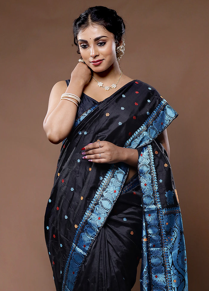 Black Assam Pure Silk Saree With Blouse Piece - Indian Silk House Agencies