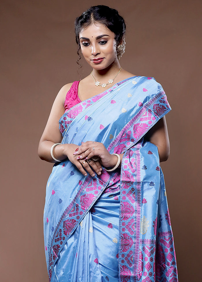 Blue Assam Pure Silk Saree With Blouse Piece - Indian Silk House Agencies