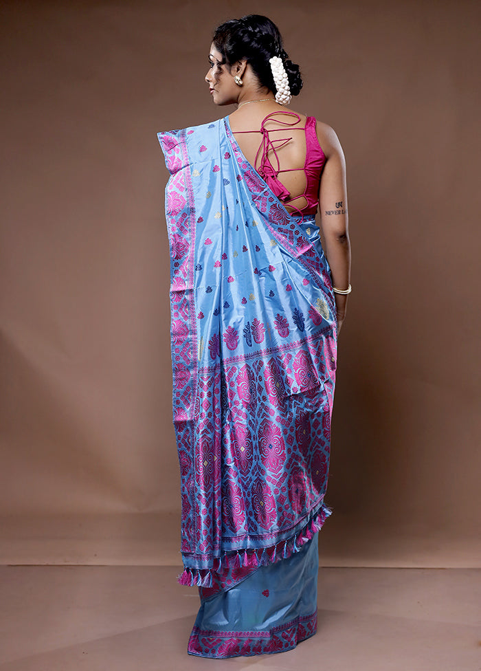 Blue Assam Pure Silk Saree With Blouse Piece - Indian Silk House Agencies