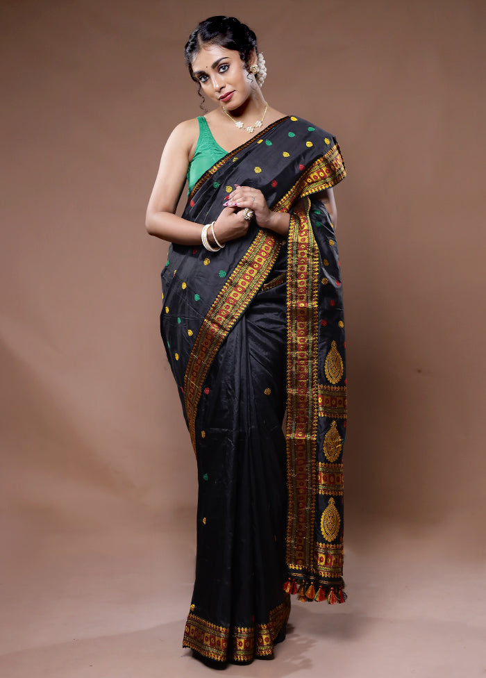 Black Assam Pure Silk Saree With Blouse Piece - Indian Silk House Agencies