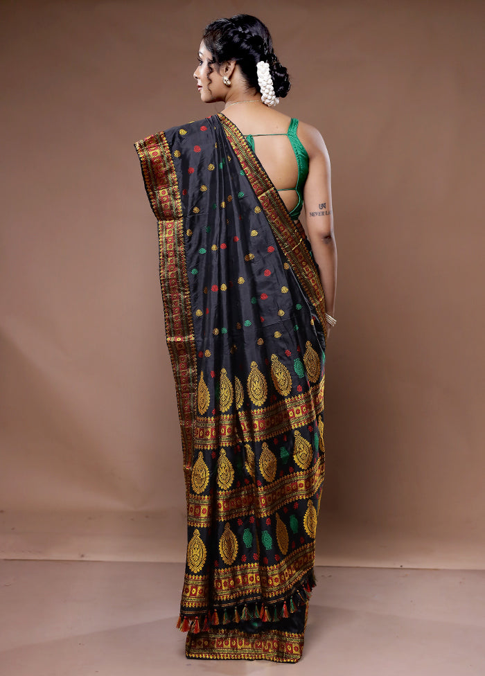 Black Assam Pure Silk Saree With Blouse Piece - Indian Silk House Agencies