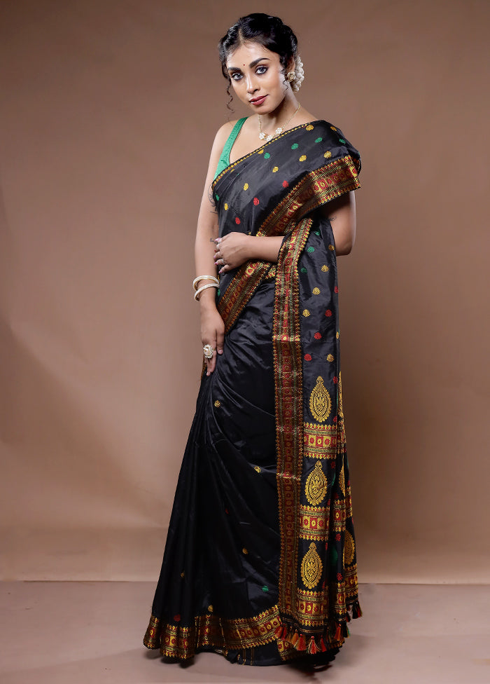 Black Assam Pure Silk Saree With Blouse Piece - Indian Silk House Agencies