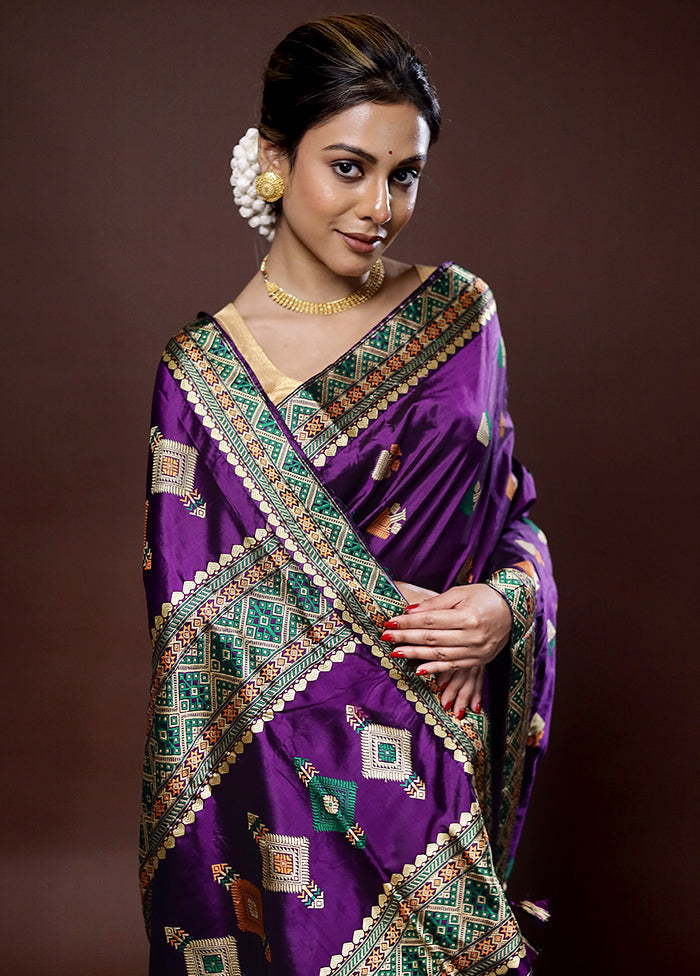 Purple Assam Pure Silk Saree With Blouse Piece - Indian Silk House Agencies