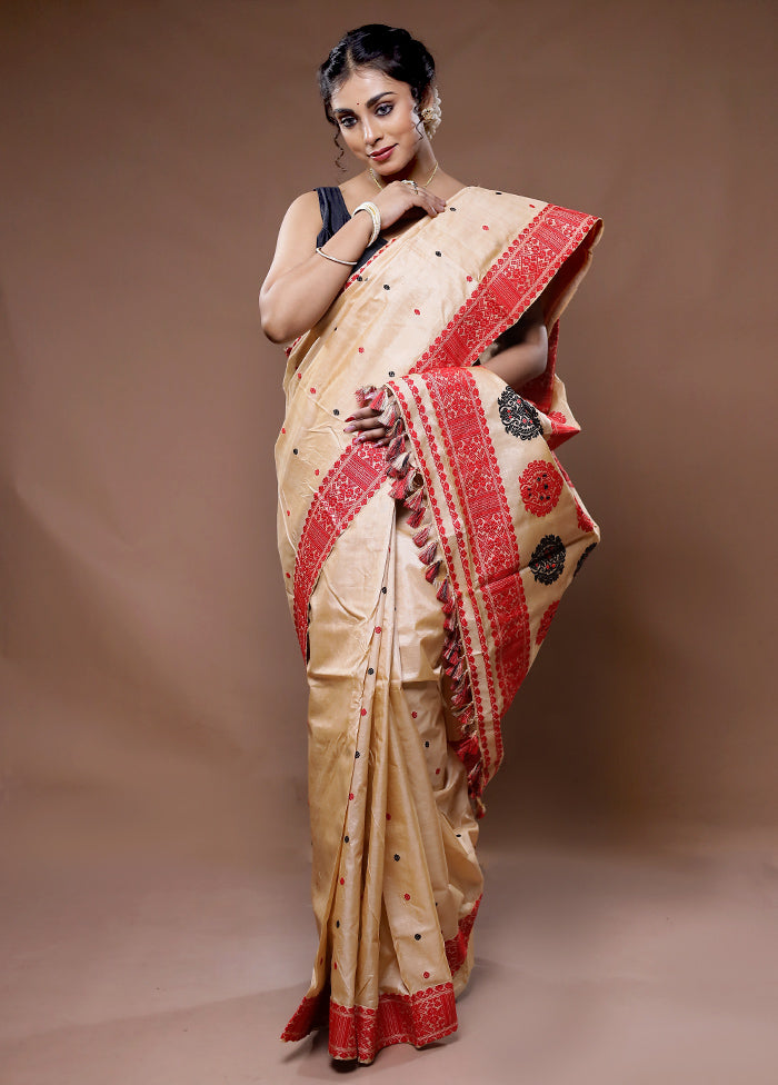 Cream Assam Pure Silk Saree With Blouse Piece - Indian Silk House Agencies