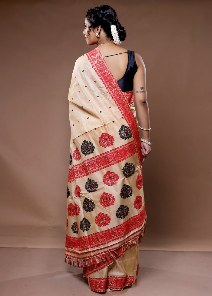 Cream Assam Pure Silk Saree With Blouse Piece - Indian Silk House Agencies