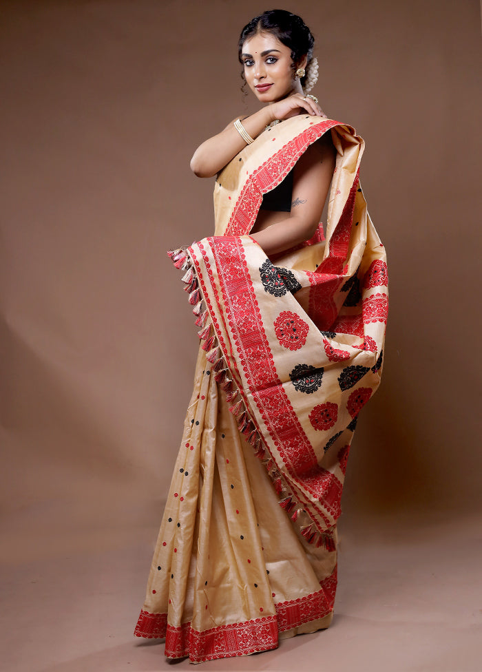 Cream Assam Pure Silk Saree With Blouse Piece - Indian Silk House Agencies