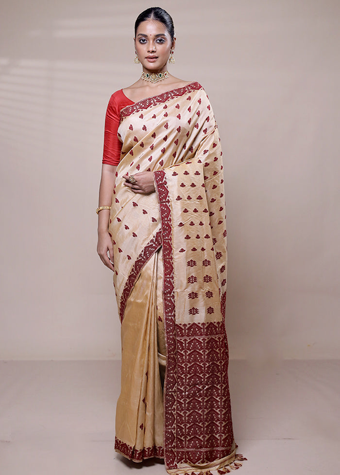 Cream Handloom Assam Pure Silk Saree With Blouse Piece