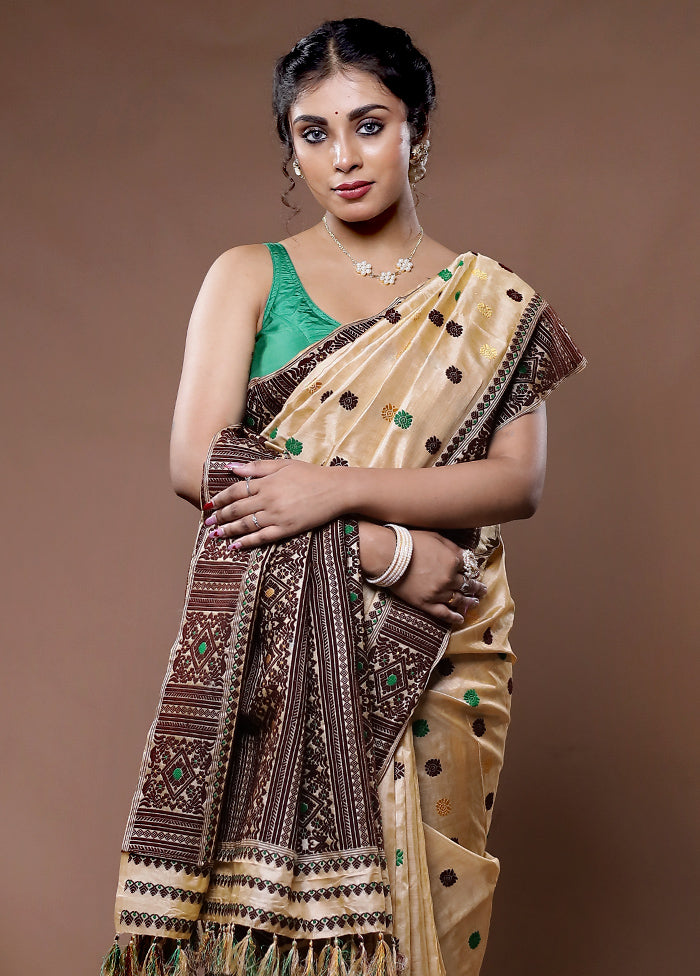 Cream Assam Pure Silk Saree With Blouse Piece - Indian Silk House Agencies