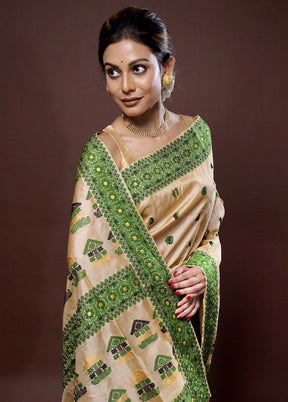 Cream Assam Pure Silk Saree With Blouse Piece - Indian Silk House Agencies