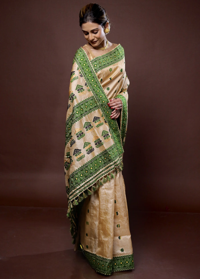 Cream Assam Pure Silk Saree With Blouse Piece - Indian Silk House Agencies