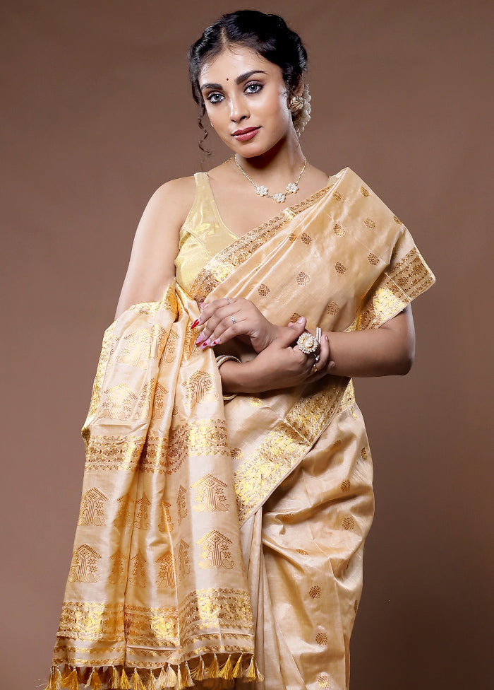 Cream Assam Pure Silk Saree With Blouse Piece - Indian Silk House Agencies