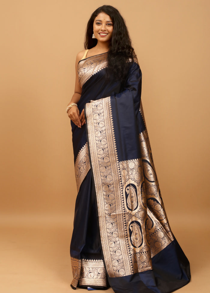 Blue Banarasi Silk Saree With Blouse Piece