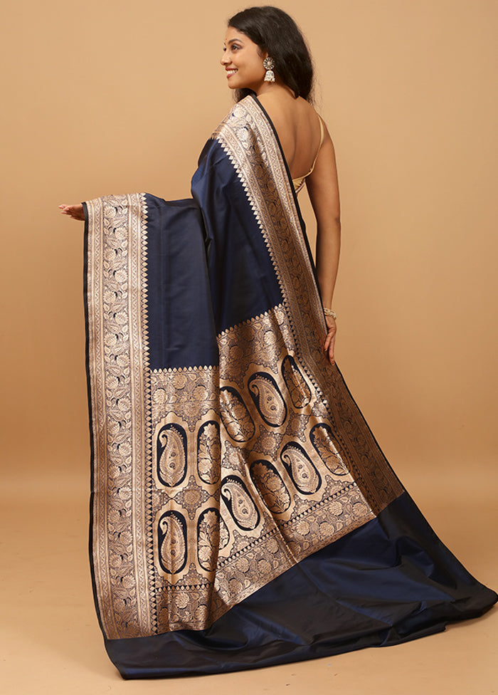 Blue Banarasi Silk Saree With Blouse Piece