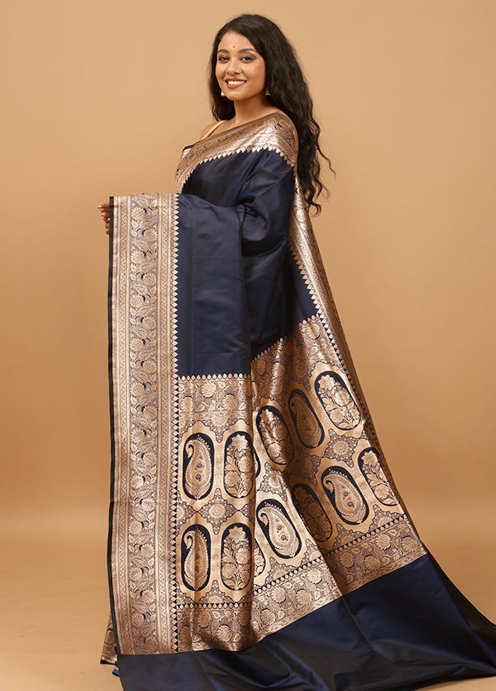 Blue Banarasi Silk Saree With Blouse Piece