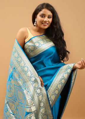 Blue Banarasi Silk Saree With Blouse Piece