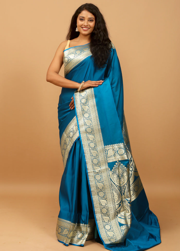 Blue Banarasi Silk Saree With Blouse Piece