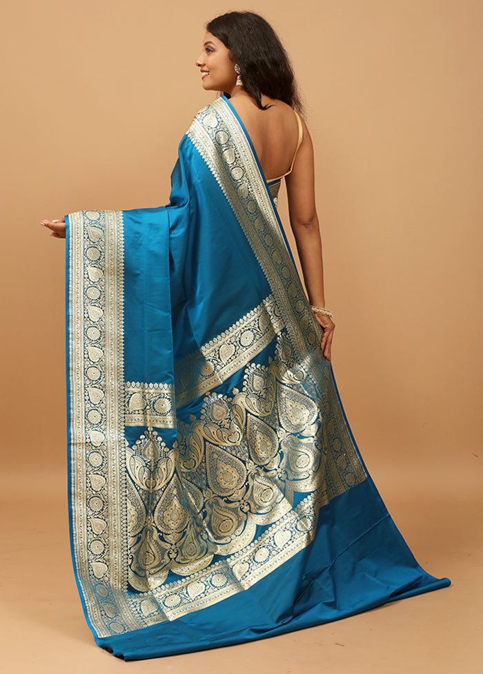 Blue Banarasi Silk Saree With Blouse Piece