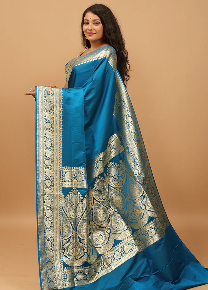 Blue Banarasi Silk Saree With Blouse Piece