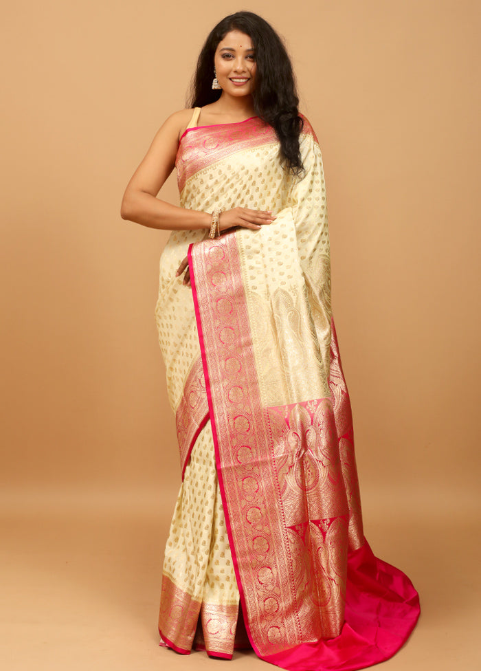 Cream Banarasi Silk Saree With Blouse Piece