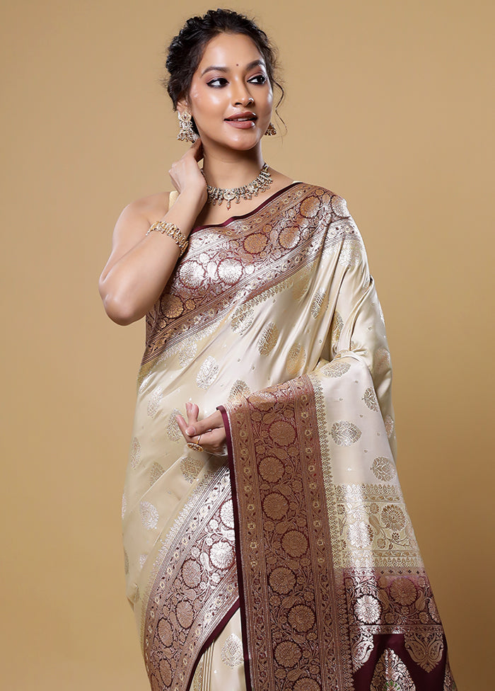 Cream Banarasi Silk Saree With Blouse Piece