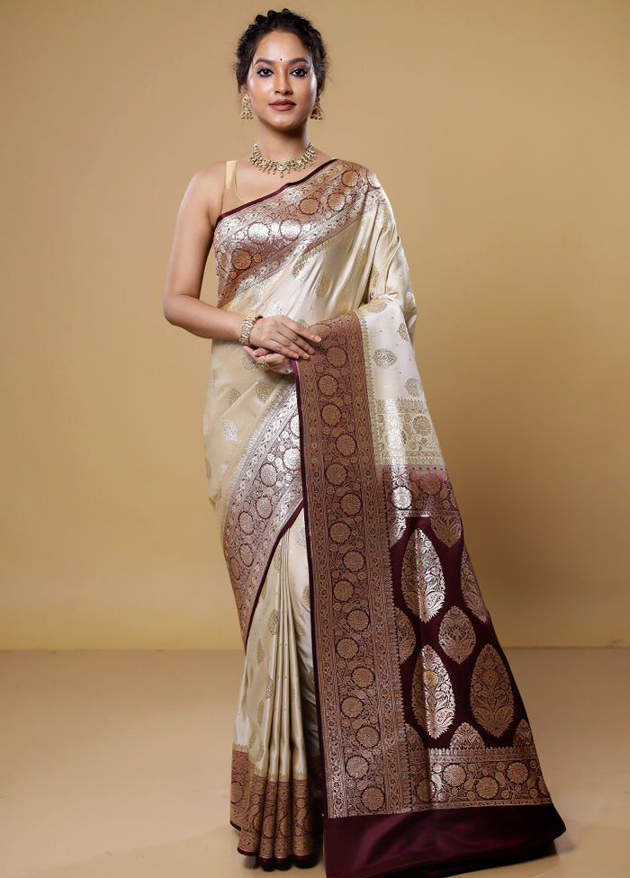 Cream Banarasi Silk Saree With Blouse Piece