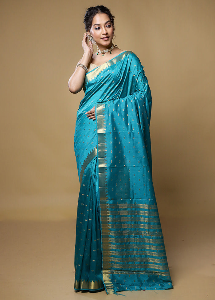 Blue Dupion Silk Saree With Blouse Piece