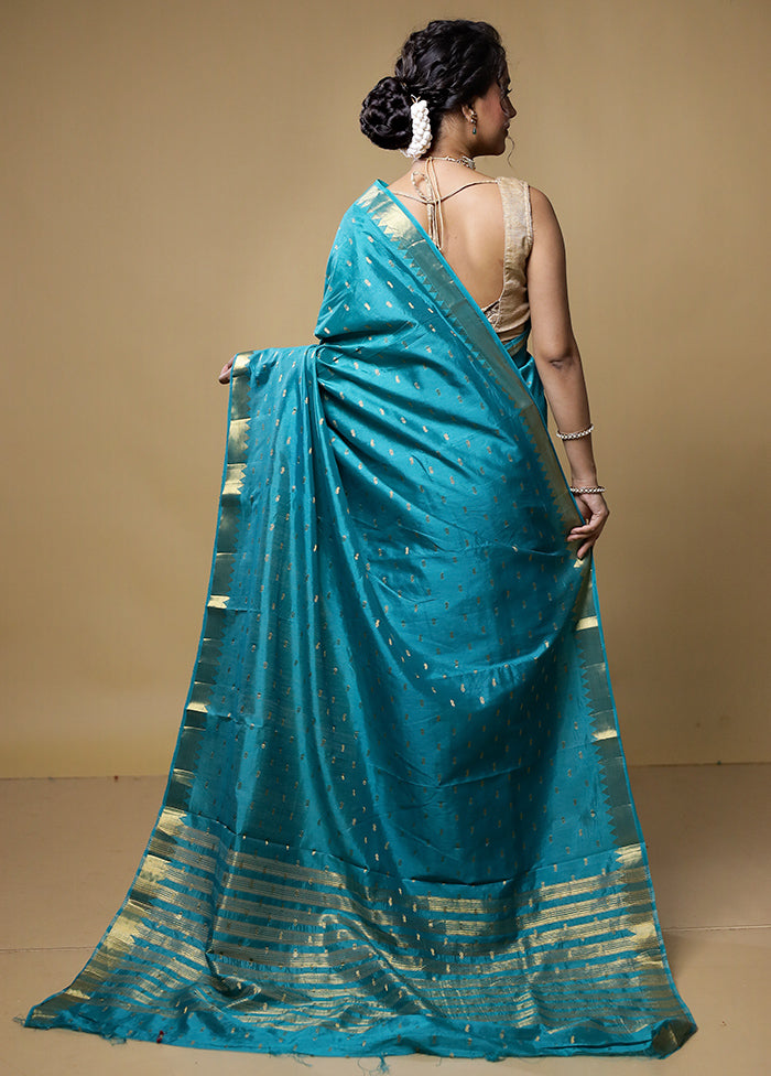 Blue Dupion Silk Saree With Blouse Piece