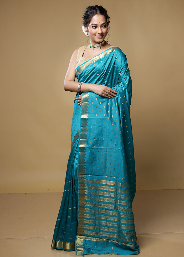 Blue Dupion Silk Saree With Blouse Piece