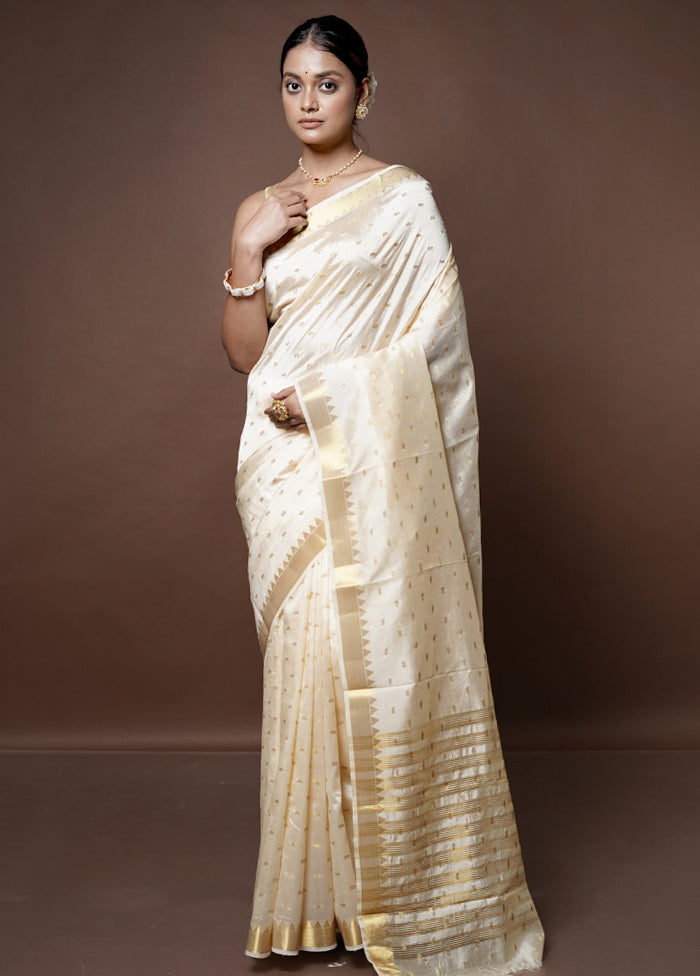 Cream Dupion Silk Saree With Blouse Piece