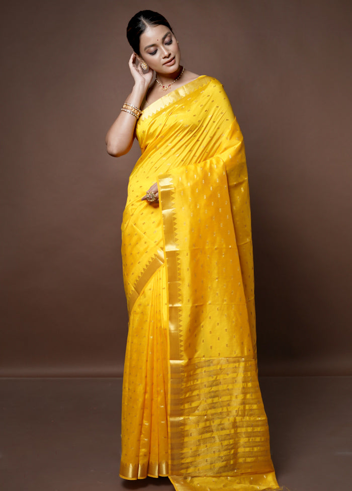 Yellow Dupion Silk Saree With Blouse Piece