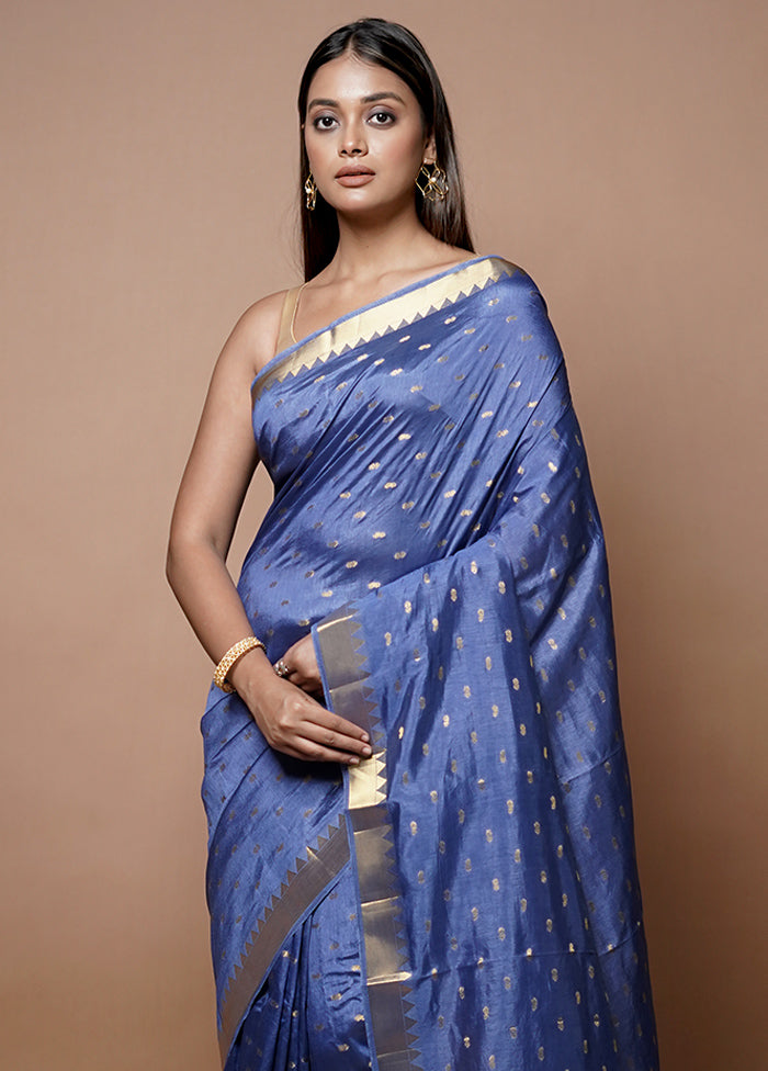 Blue Dupion Silk Saree With Blouse Piece