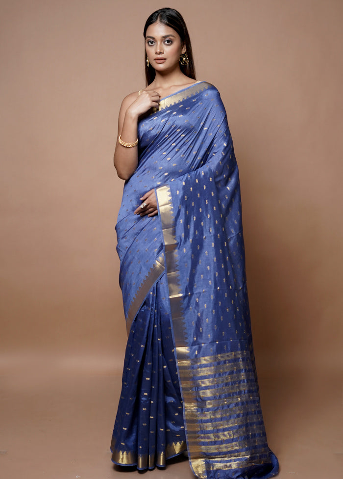 Blue Dupion Silk Saree With Blouse Piece