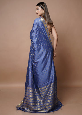 Blue Dupion Silk Saree With Blouse Piece