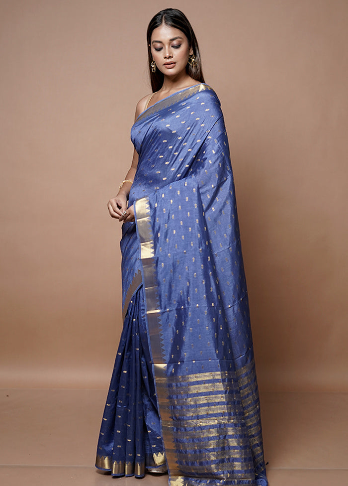 Blue Dupion Silk Saree With Blouse Piece