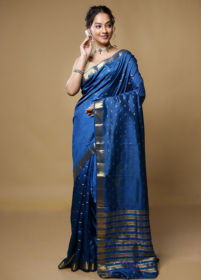 Blue Dupion Silk Saree With Blouse Piece