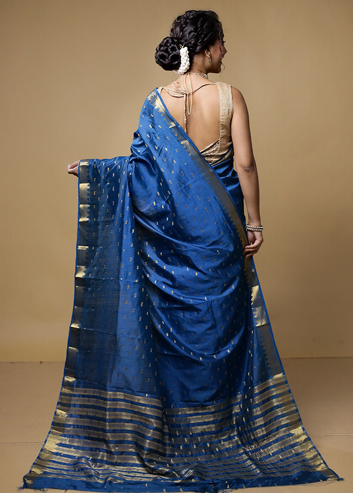 Blue Dupion Silk Saree With Blouse Piece