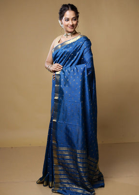 Blue Dupion Silk Saree With Blouse Piece