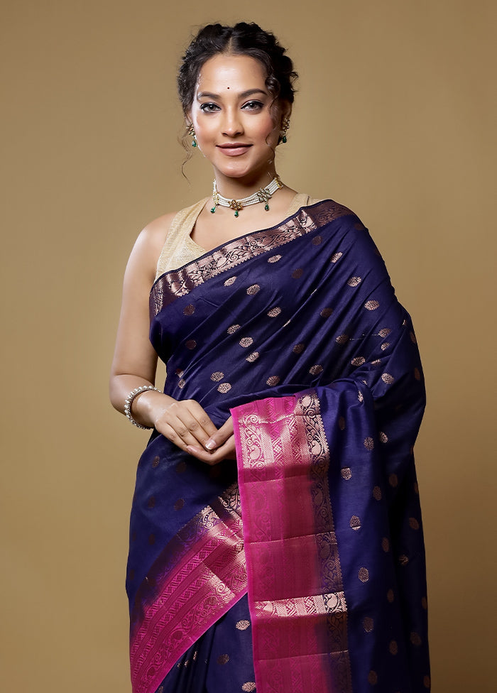 Blue Dupion Silk Saree With Blouse Piece