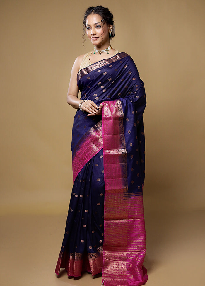 Blue Dupion Silk Saree With Blouse Piece