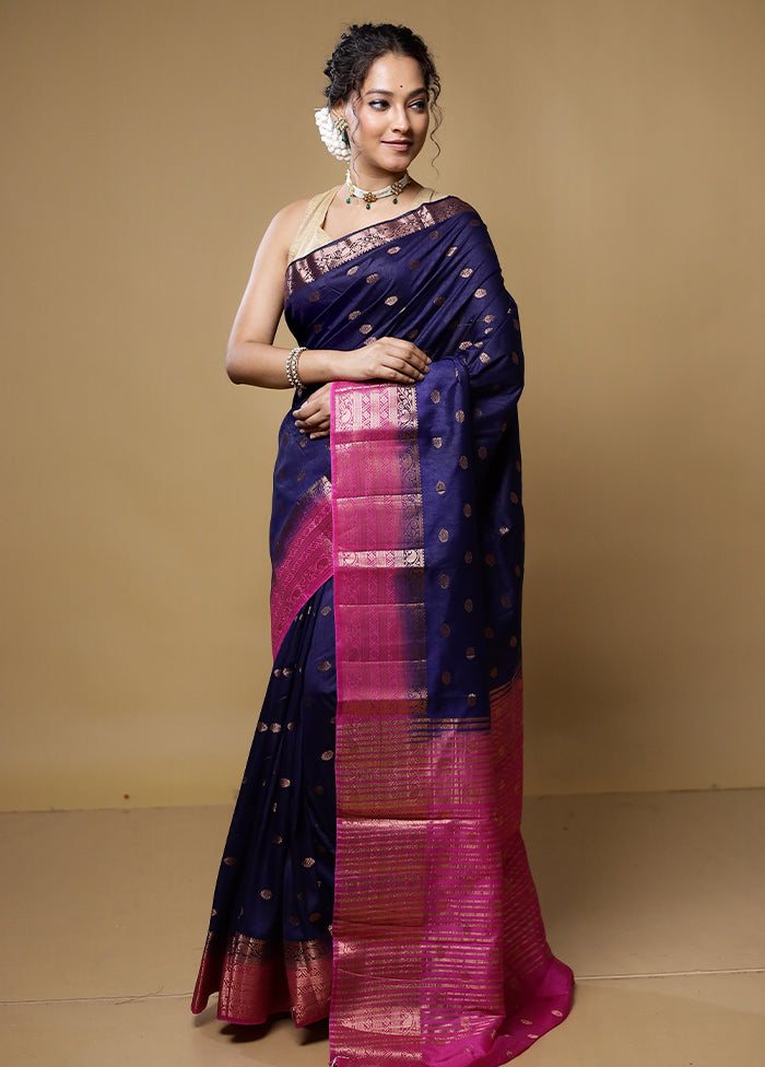 Blue Dupion Silk Saree With Blouse Piece