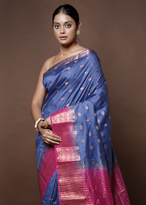 Blue Dupion Silk Saree With Blouse Piece