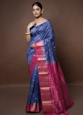 Blue Dupion Silk Saree With Blouse Piece